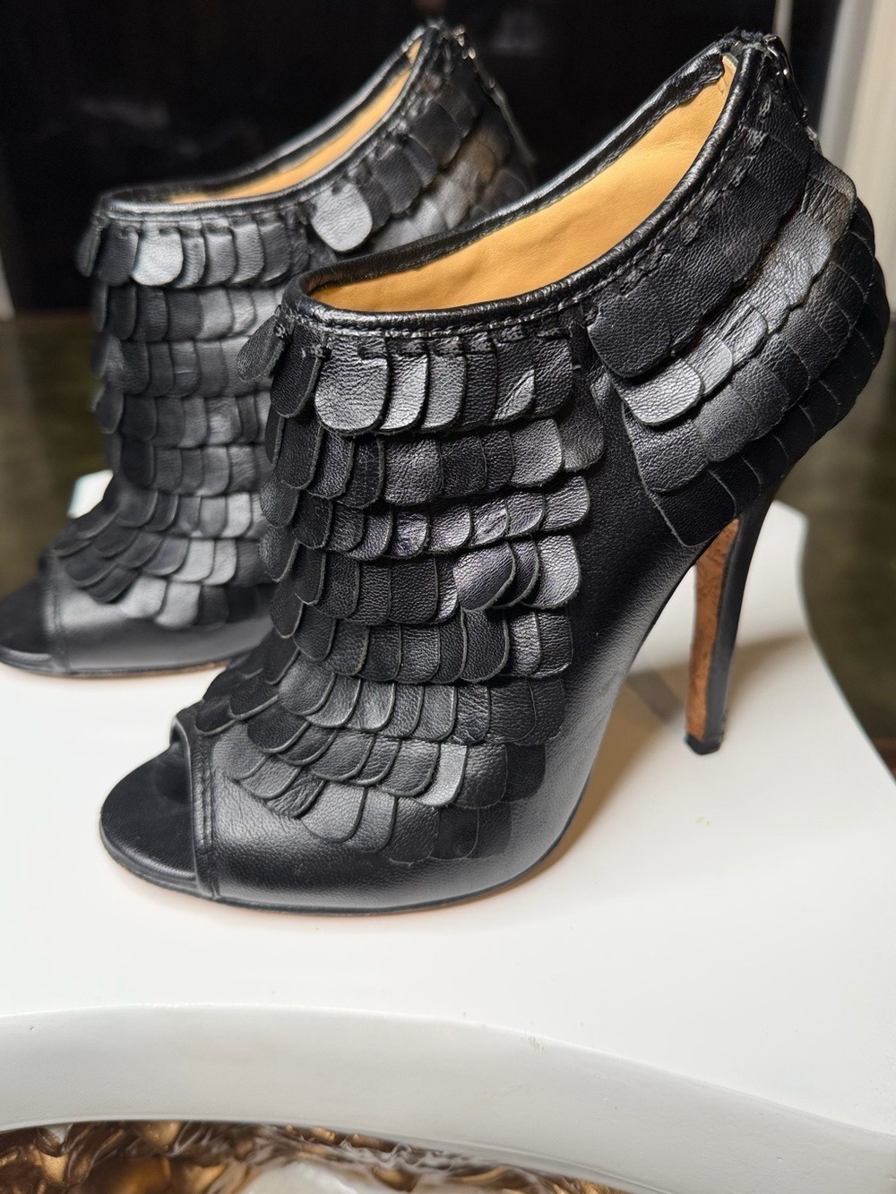 L.A.M.B. Black Leather Scalloped Peep Toe High Heel Booties Size 6
